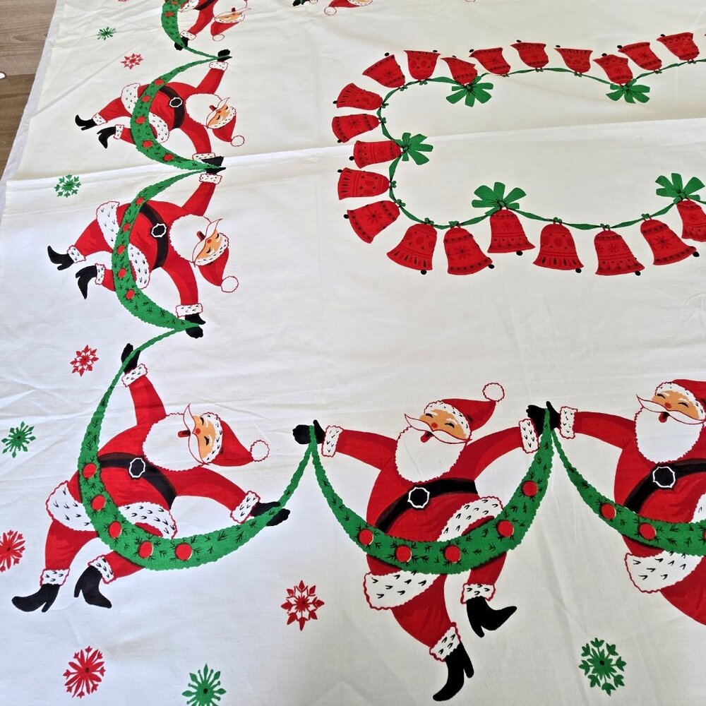 Vintage Tablecloth Christmas Dancing Santa 1950s 60s Mid Century - Picture 2 of 11